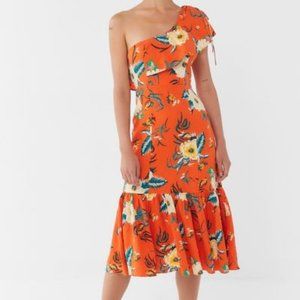 UO Carmen Linen One-Shoulder Ruffle Midi Dress